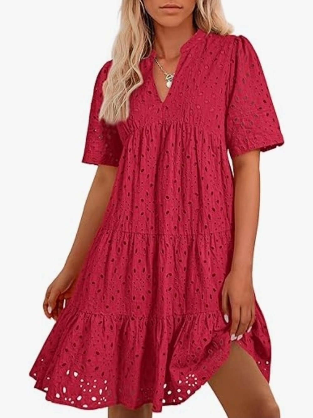 Women’s Eyelet Tiered V-Neck Dress - Red